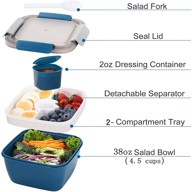 38 oz (1.12 L) Portable Salad Lunch Bowl - 3-Compartment Leakproof Bento Box with Dressing Cup & Utensil
