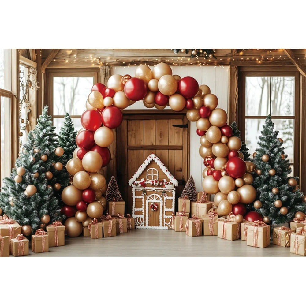 Christmas Fireplace Photography Backdrop — Gingerbread House & Wooden Window Holiday Photo Background for Kids & Family