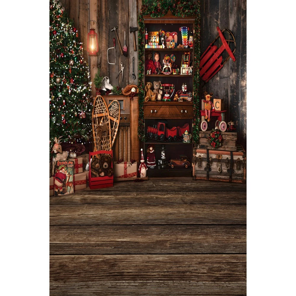 Christmas Photography Backdrop - Santa, Tree & Fireplace Winter Snow Wood Floor Portrait Background
