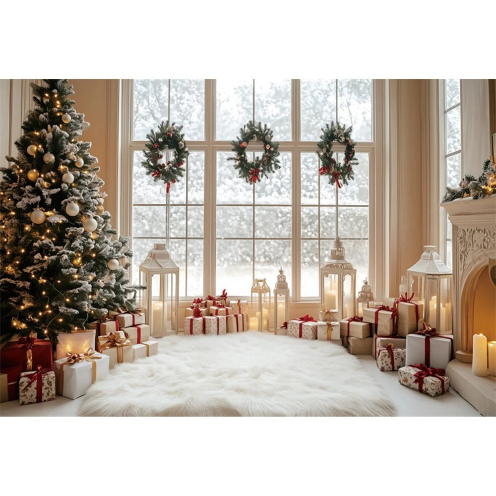 Christmas Fireplace Photography Backdrop — Gingerbread House & Wooden Window Holiday Photo Background for Kids & Family