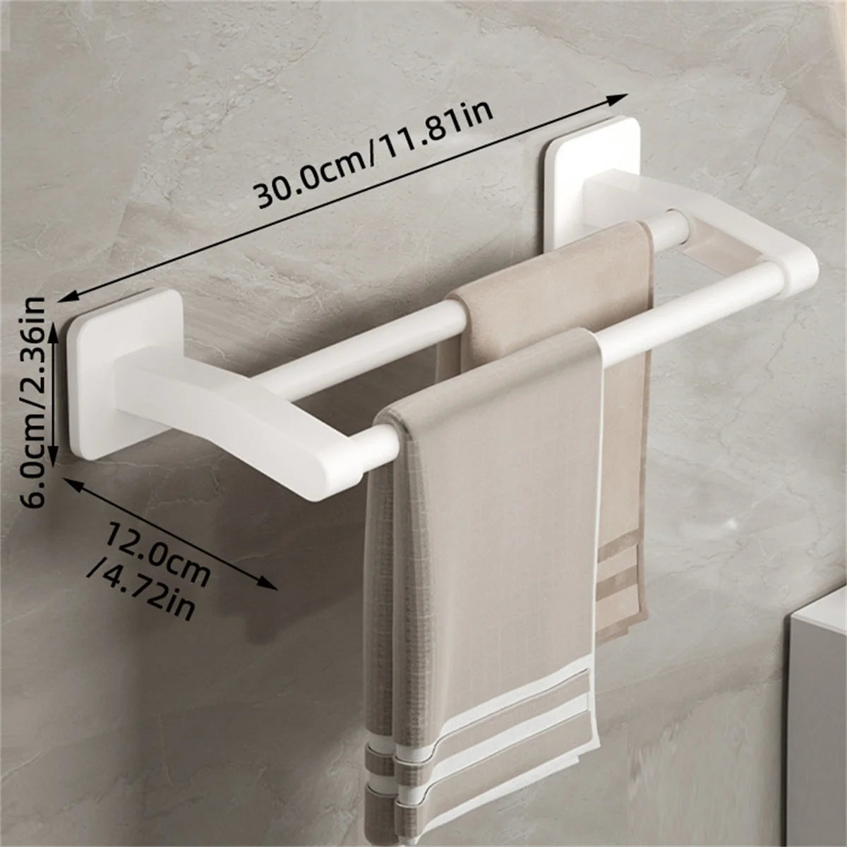 Self-Adhesive Double Towel Bar No-Drill Bathroom Towel Rack White/Gray