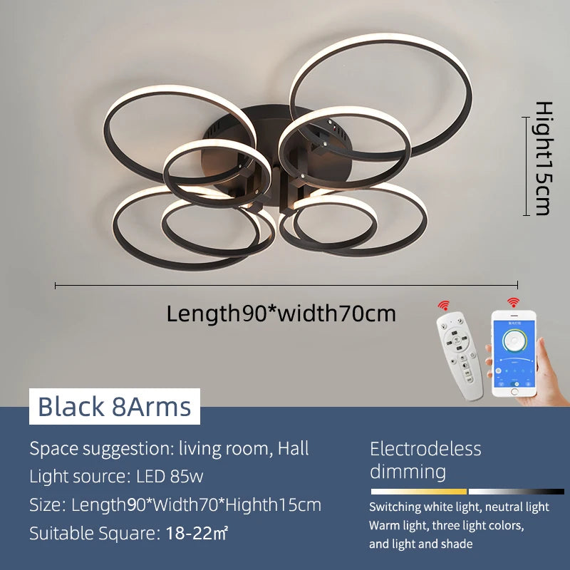 Modern LED Chandelier Dimmable Remote-Control Ceiling Light for Living Room Bedroom Study – Gold or Black, AC 90–260V