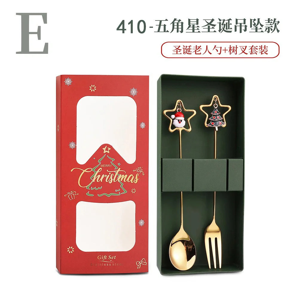 4-Piece Stainless Steel Christmas Cutlery Set – Spoon & Fork Holiday Table Decor with Elk & Tree Ornaments