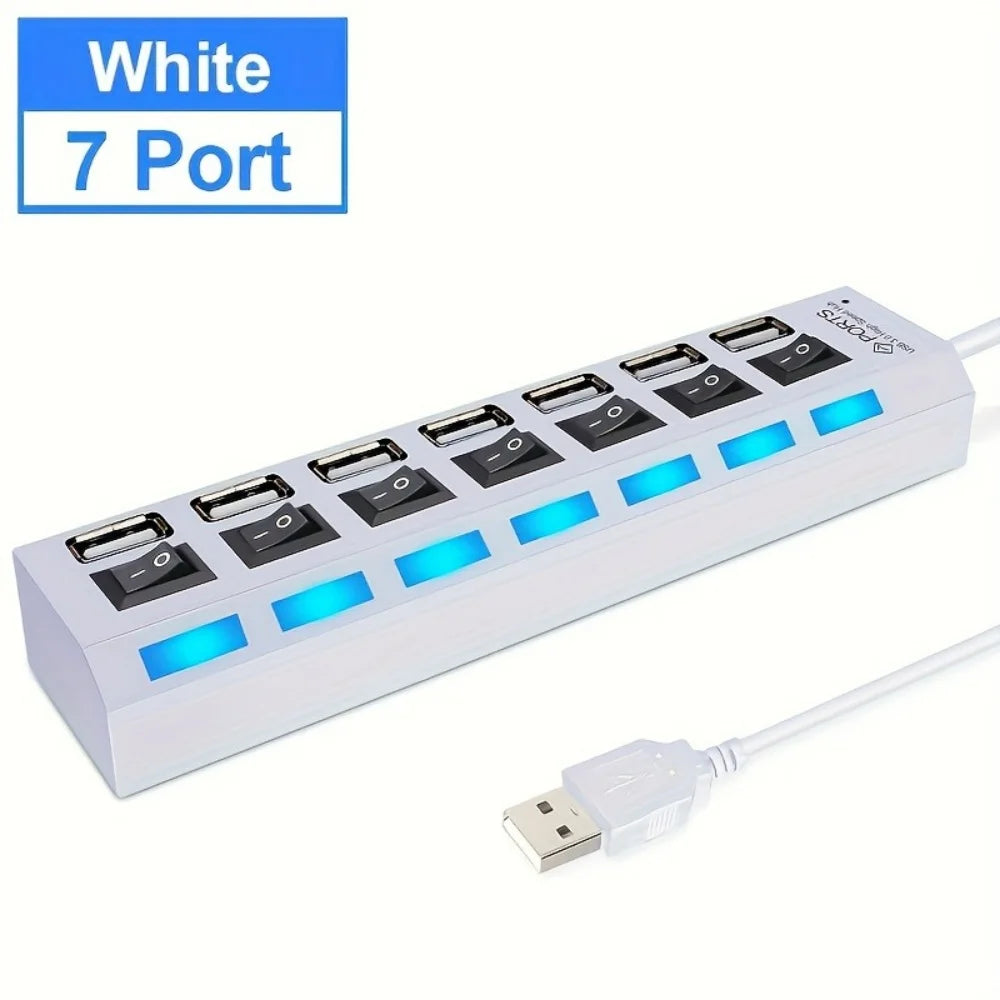 7-Port USB 2.0 Hub with Power Adapter, LED Indicators & On/Off Switch – 30 cm Cable, Portable USB Splitter for Laptop & PC