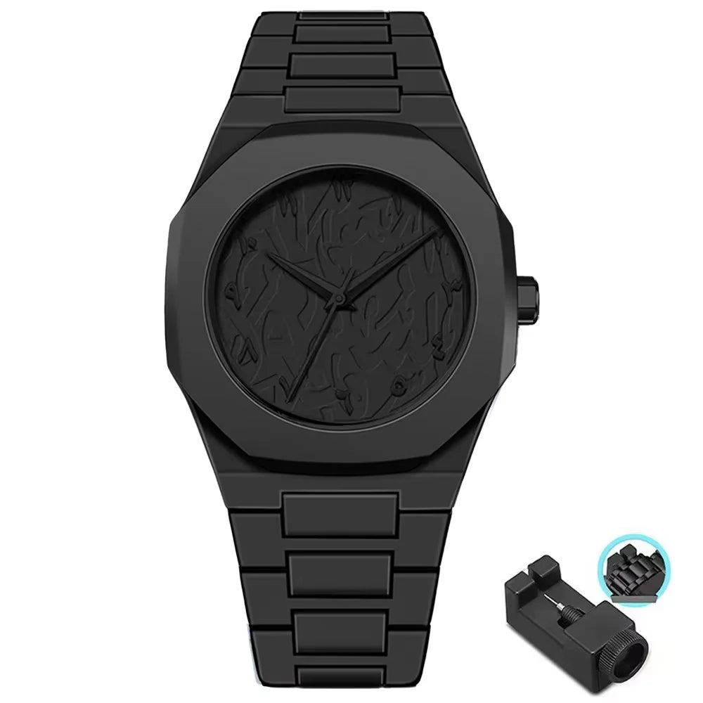 Men's Minimalist Black 38mm Quartz Watch, Large Dial with Polycarbonate Strap & Butterfly Clasp, 3ATM Water-Resistant