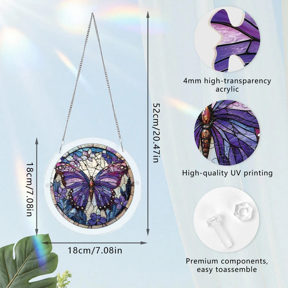 Stained Glass Butterfly Acrylic Puzzle Suncatcher - DIY Window Hanging Decor (18×18 cm / 7.1×7.1 in; 20×20 cm / 7.9×7.9 in)