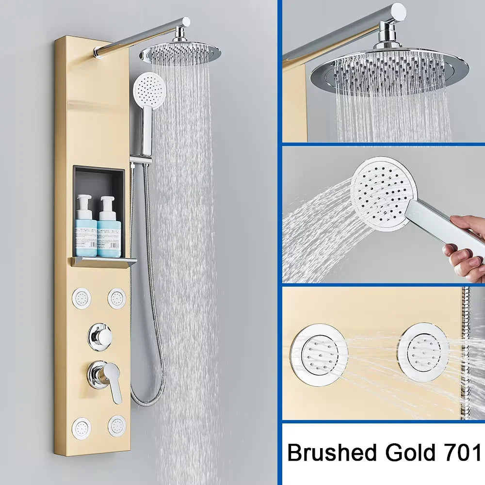 Black Shower Panel Column with Rain & Waterfall Shower Head, Massage Jets and Mixer Faucet