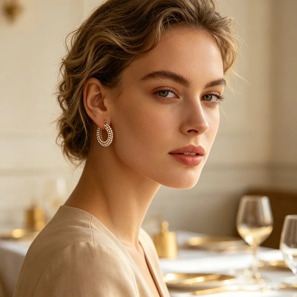 Dainty Pearl Hoop Earrings for Women — 15mm & 23mm Gold-Plated Hypoallergenic Stainless Steel Hoops