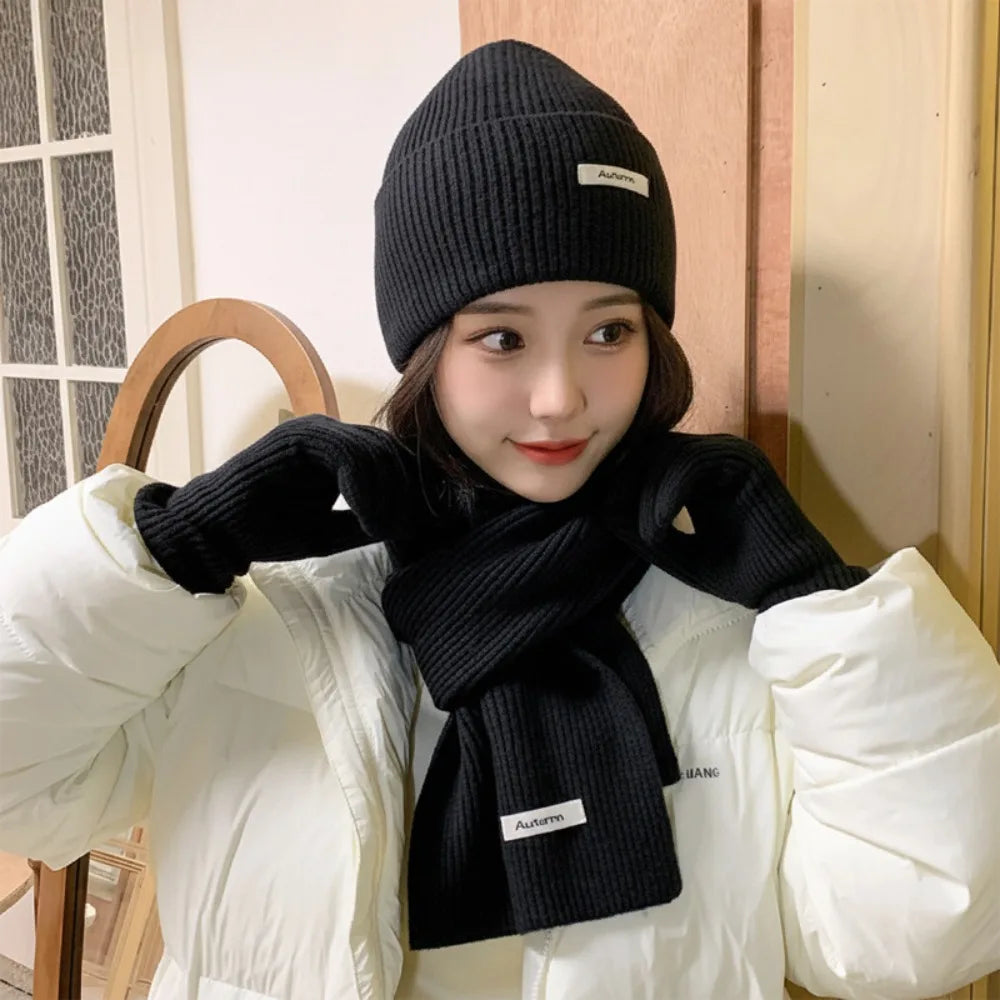 Women's 3-Piece Red Knit Cotton Hat, Scarf & Gloves Set — Thick Winter Beanie with Ear Protection, Warm Holiday Gift