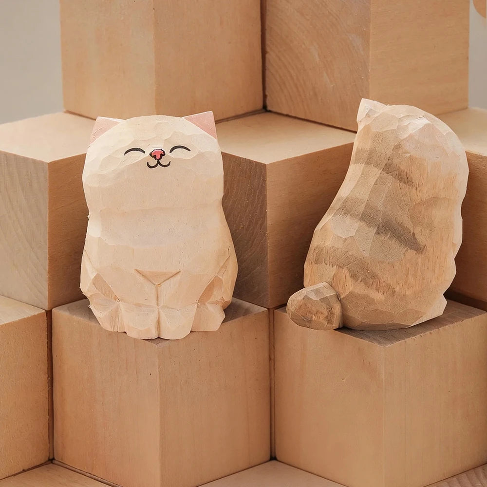 Set of 13 Hand-Carved Wooden Cat Figurines – Basswood Kitty Statues for Desk, Shelf, Car & Home Decor