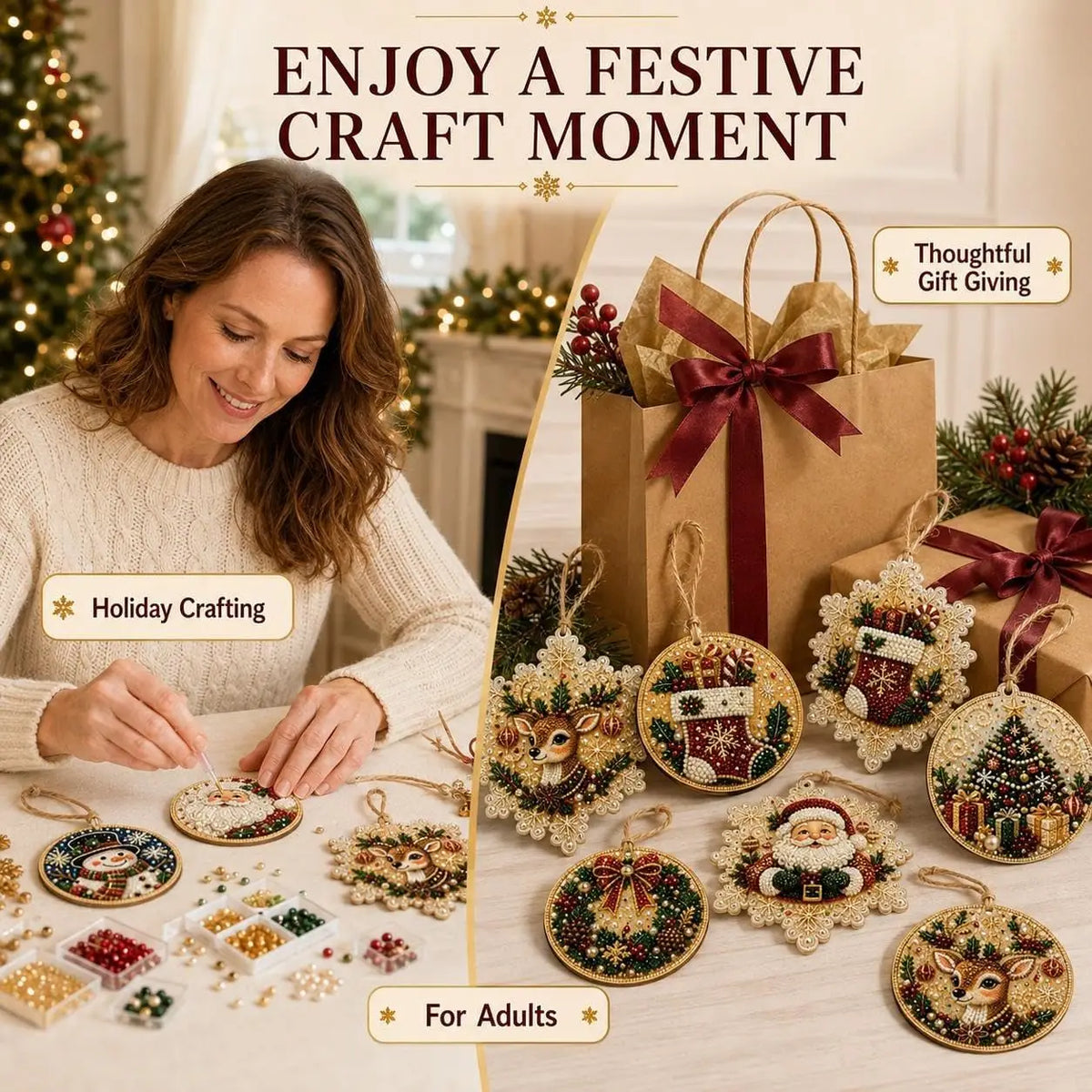 6-Pack DIY Pearl & Diamond Christmas Ornaments with Jute Twine, Hanging Holiday Decorations