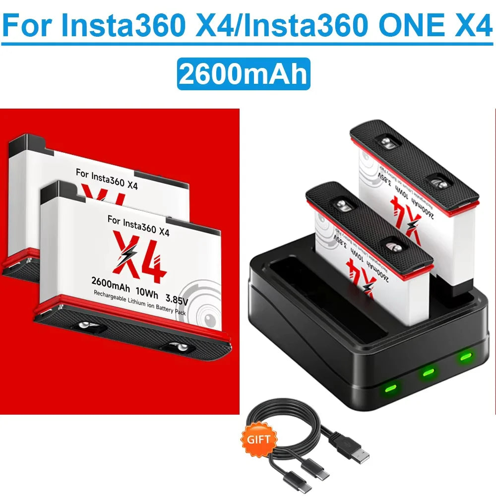 2600mAh High Capacity Camera Battery + 3-Slot LED Fast Charger for Action Cameras