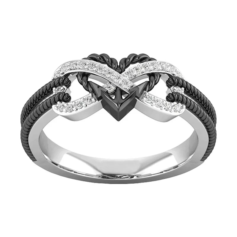 Gothic Black Heart Infinity Couple Rings - Women's Stainless Steel Rhinestone Punk Jewelry