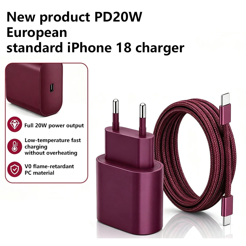 20W USB-C PD Fast Charger with USB-C Cable — Wall Adapter for iPhone (USB-C) & iPad Pro/Air