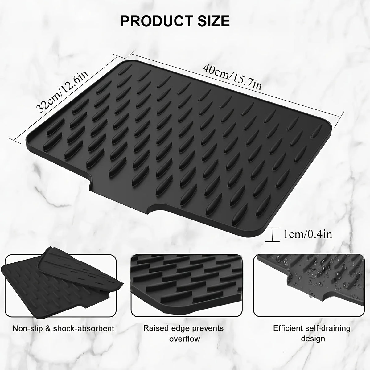 Silicone kitchen drain mat by FanzyMarket with built-in drainage, placed on countertop near sink, easy to clean and protect surfaces.
