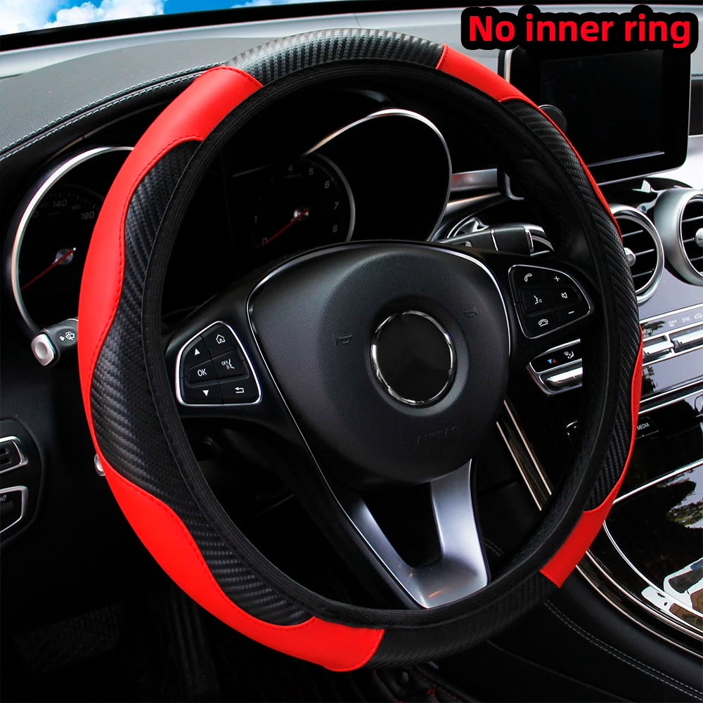 PU Carbon Fiber Leather Steering Wheel Cover 14.5–15 in