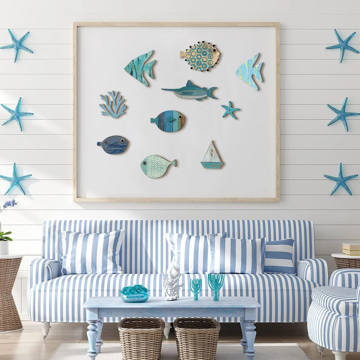 Handcrafted Wooden Ocean Wall Decor Set, Coastal Fish Coral Starfish & Sailboat Wall Art for Home and Bathroom