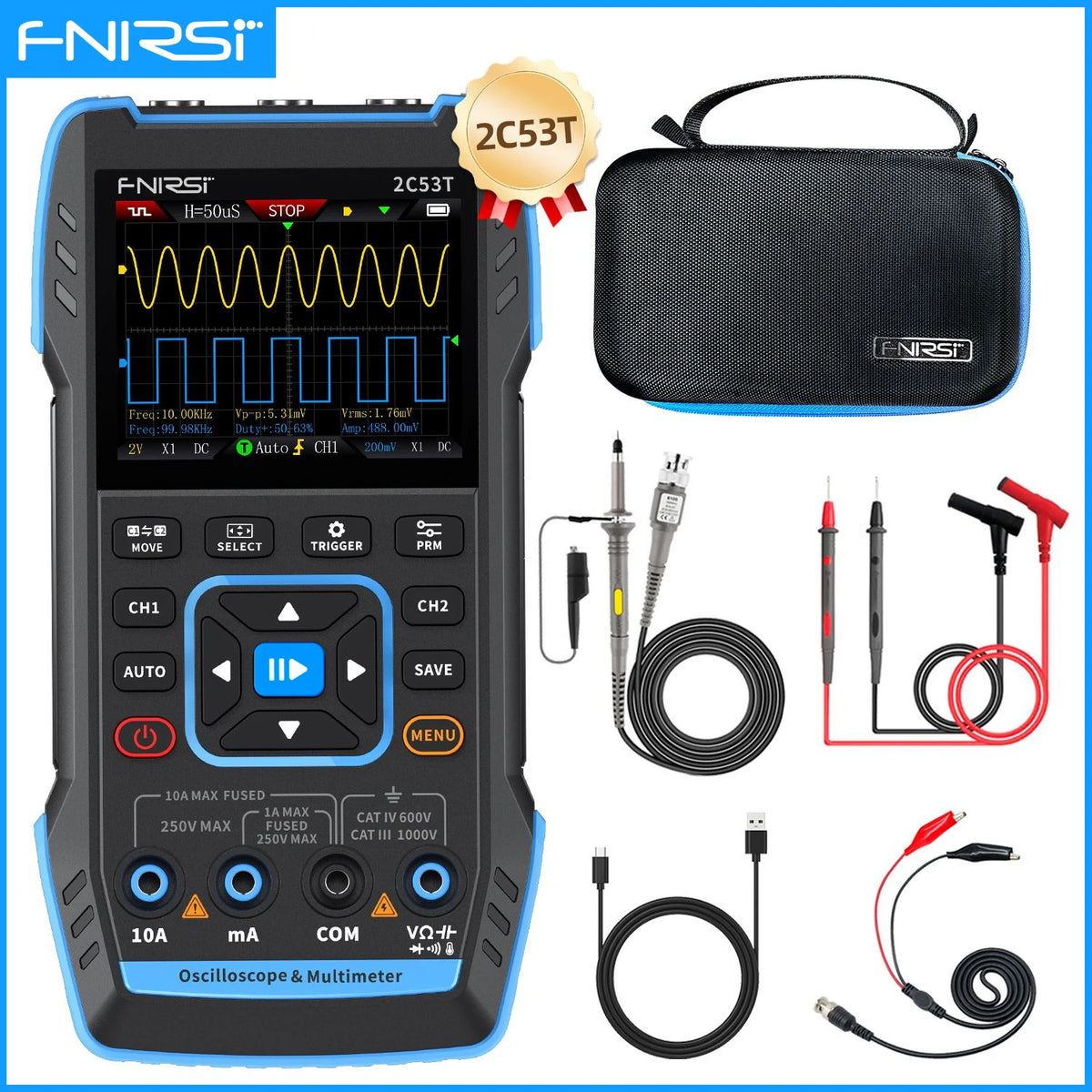 3-in-1 2-Channel Digital Oscilloscope Multimeter & DDS Signal Generator 50 MHz 250MS/s 2.8-inch LCD Portable