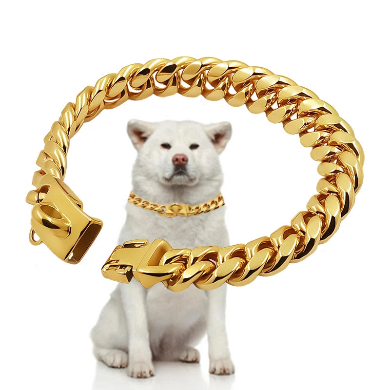 Stainless Steel Dog Collar Cuban Link 14mm Wide Gold & Silver - Durable Pet Collar for Small to Large Dogs