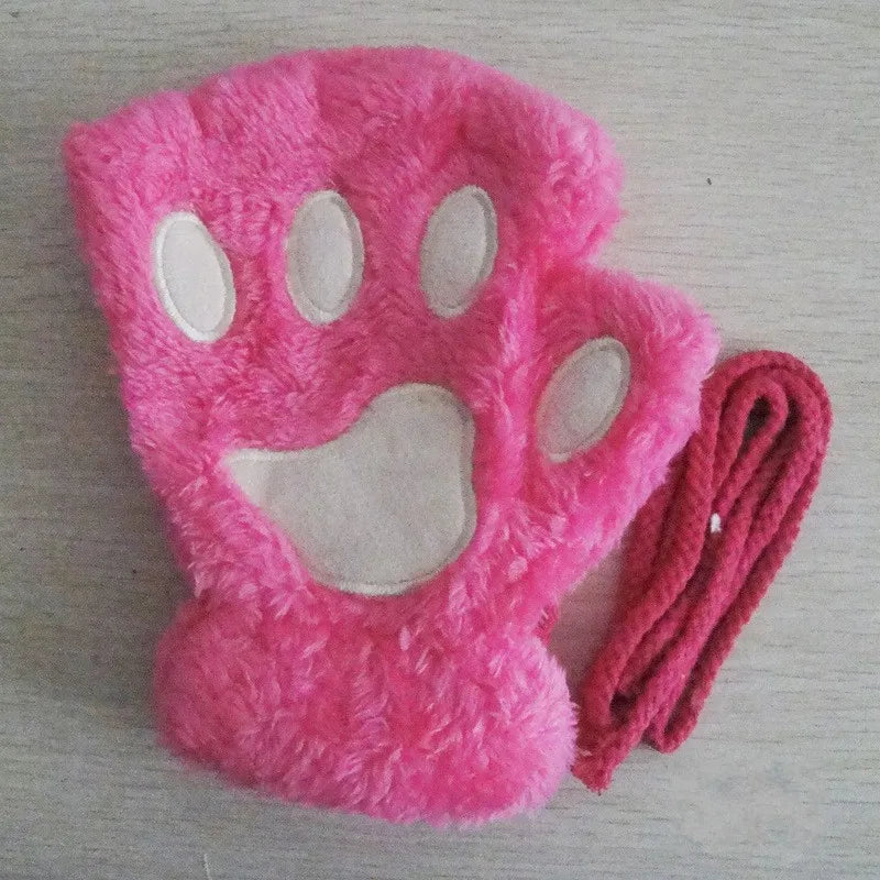 Cute Cat Paw Fingerless Mittens Plush Half-Finger Warm Fluffy Gloves for Women & Unisex