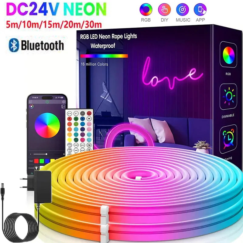 EU Plug 24V RGB Neon LED Rope Light Strip - Bluetooth Music Sync, Waterproof IP67 - 5/10/15/20/30M (16.4/32.8/49.2/65.6/98.4 ft)