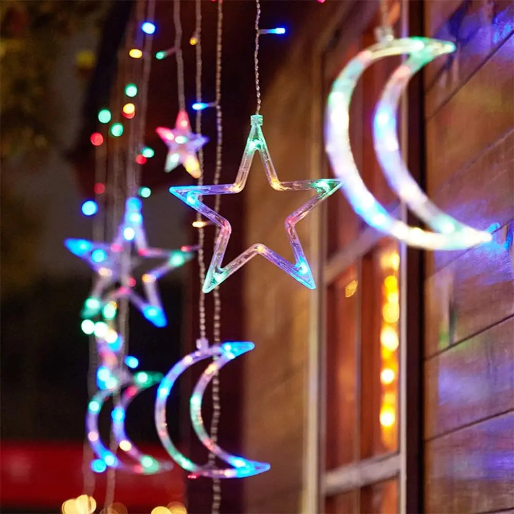 3.5m (11.5 ft) Star & Moon Curtain String Lights Battery-Powered LED Garland for Christmas Ramadan Bedroom New Year Decor