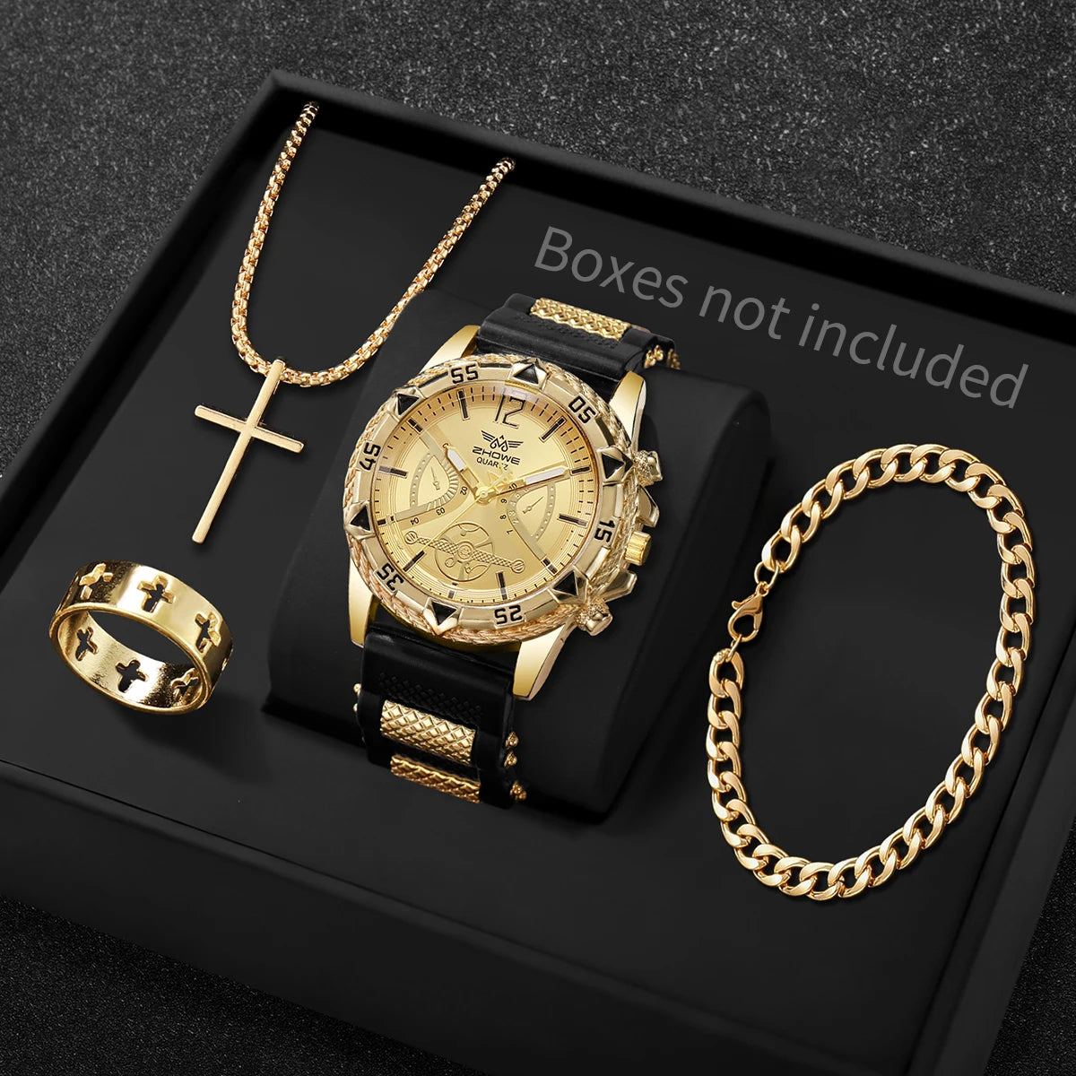 4-Piece Men's Arabic Numeral Quartz Watch Set - 45mm (1.77 in) Business Casual Wristwatch with Bracelet, Necklace & Ring