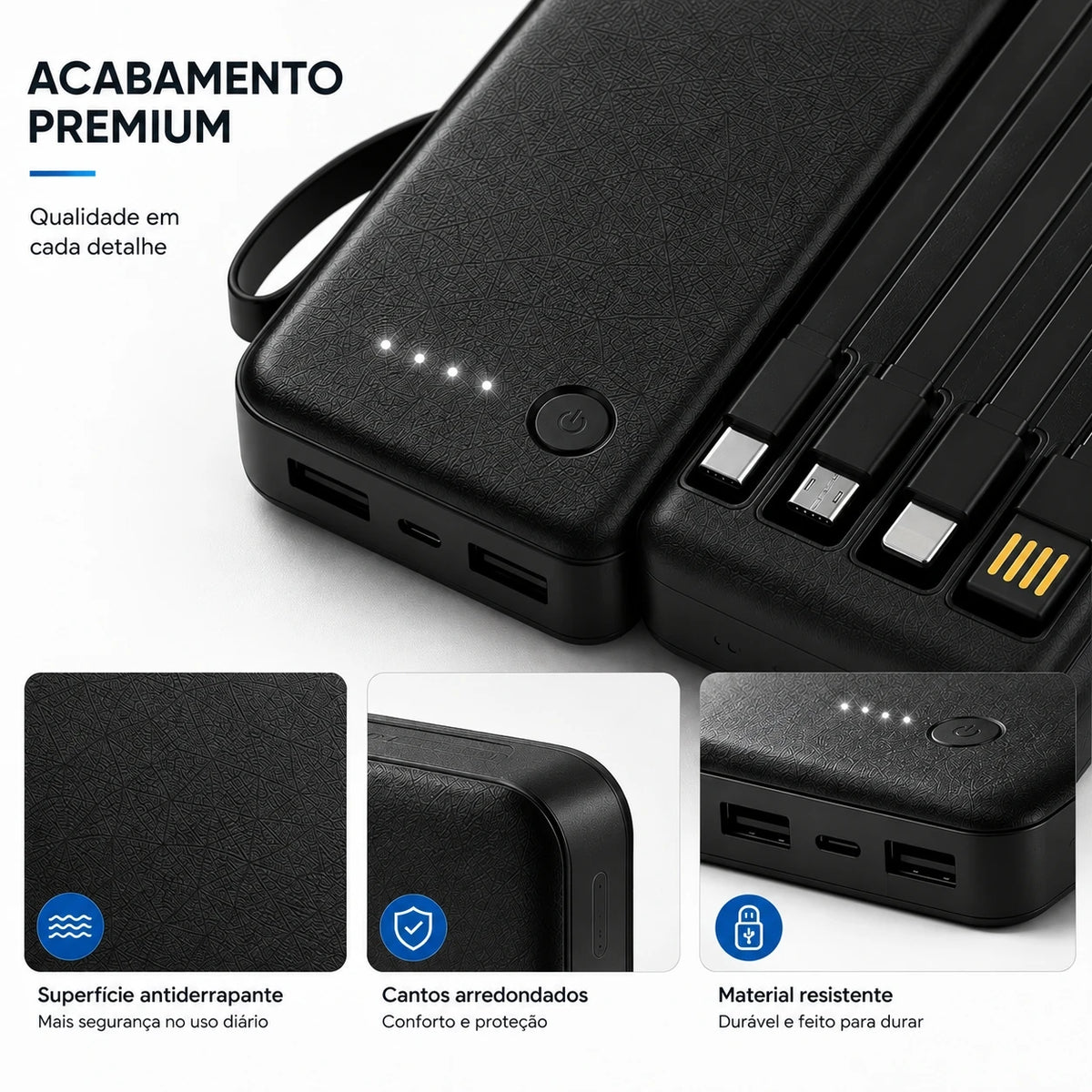 Portable Power Bank 12000/26000mAh – Fast Charger with 4 Cables (Type-C, Lightning, Micro USB, USB-A) for Phones and Travel