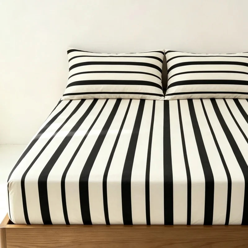 3-Piece Striped Fitted Sheet Set with Elastic Anti-Slip Skirt — 1 Fitted Sheet + 2 Pillowcases, Multiple Sizes (100–220 cm / 39–87 in)