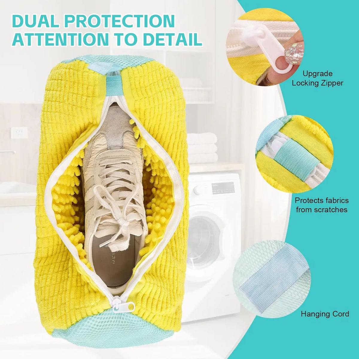 Reusable Shoe Wash Bag for Machine Washing – Zippered Chenille-Lined Laundry Bag for Sneakers & Casual Shoes