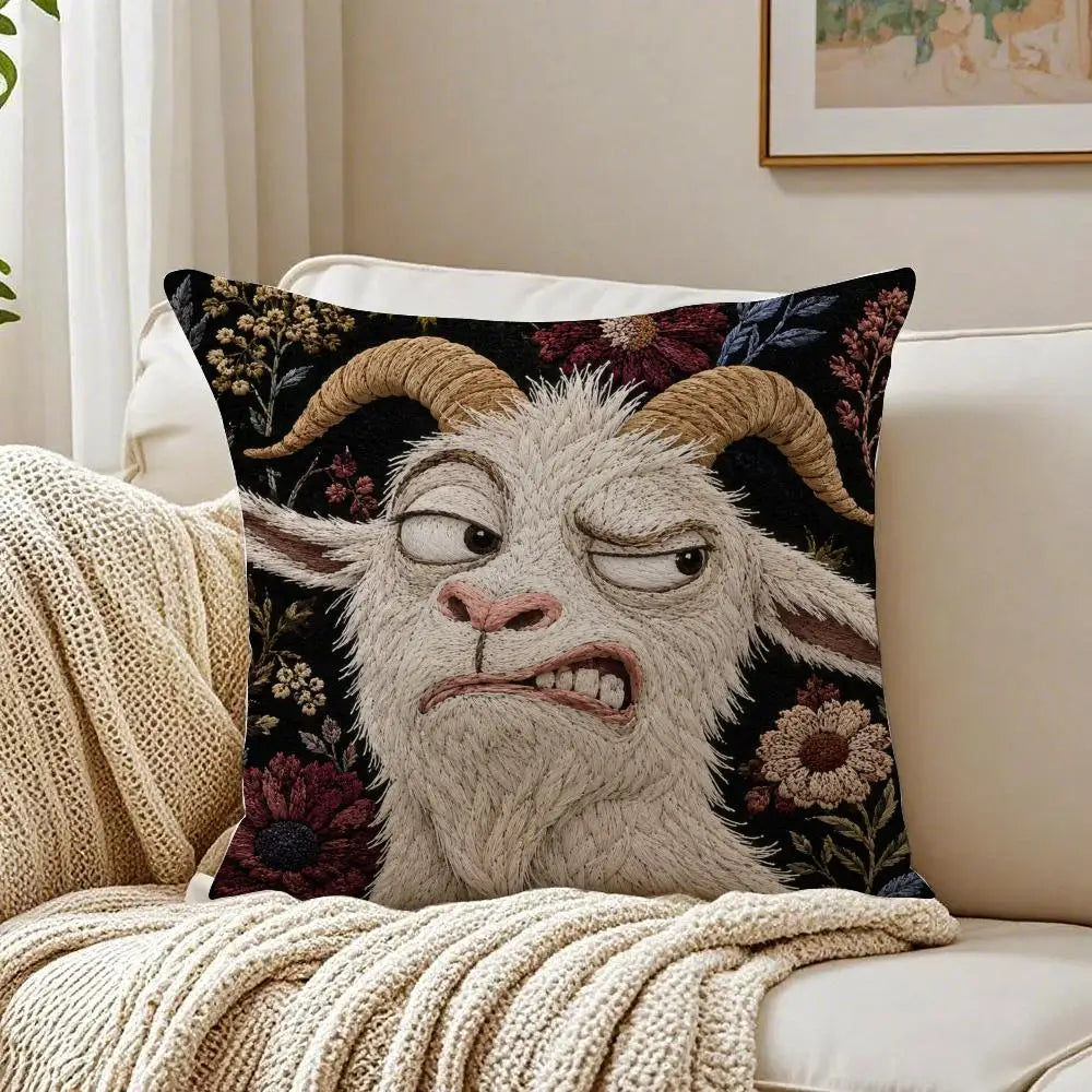 Funny Screaming Goat Plush Pillow Cover — Short Plush Cushion Case, Breathable & Washable with Invisible Zipper