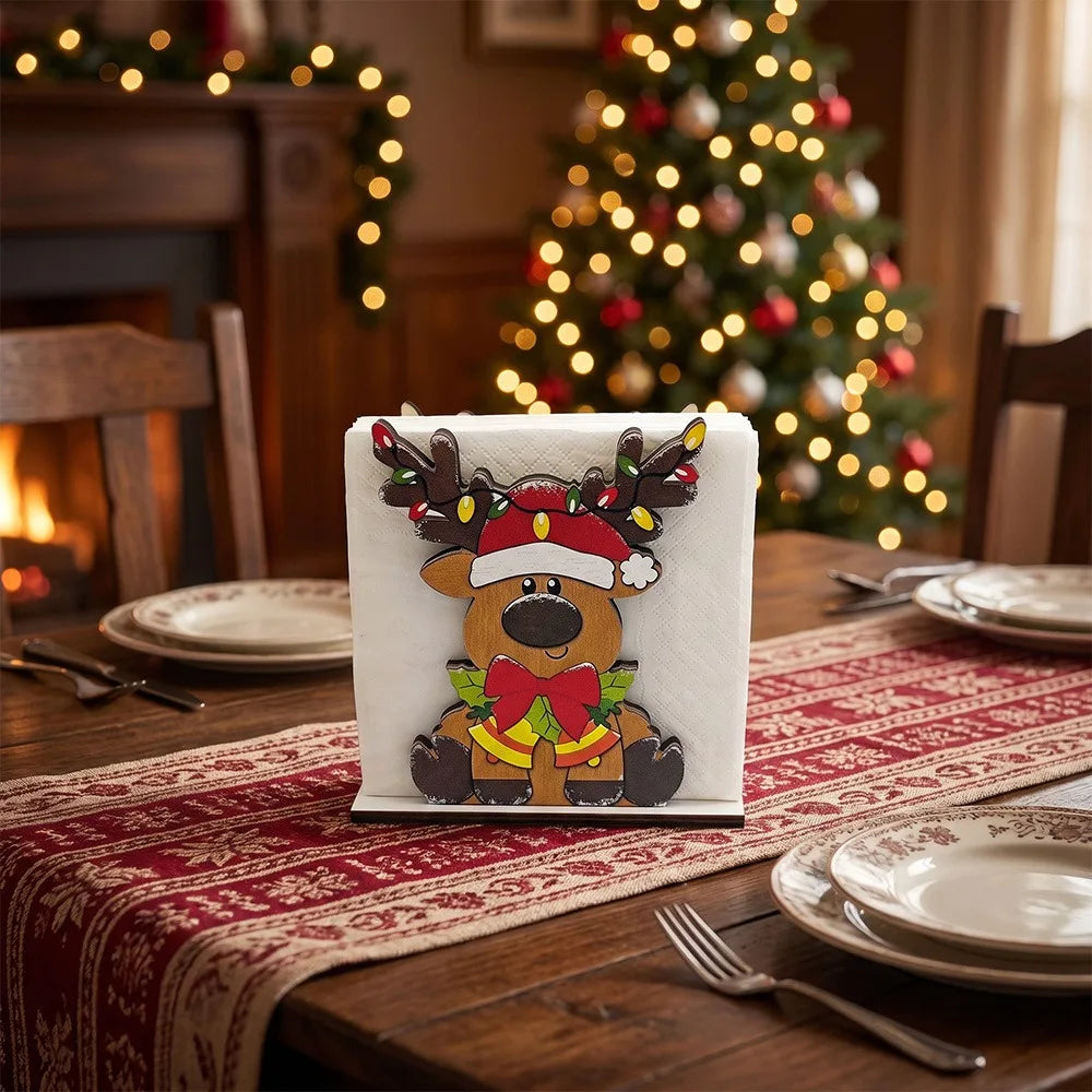 Santa Claus Wooden Napkin Holder - Holiday Tabletop Napkin & Tissue Holder, Christmas Dining Decor