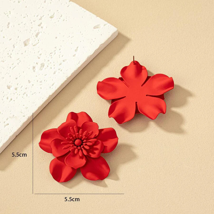 Big Red Flower Stud Earrings – Metal Floral Post Earrings, Boho Wedding & Summer Statement