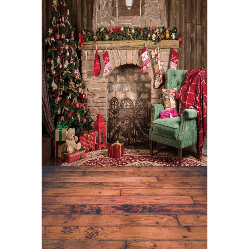 Christmas Photography Backdrop - Santa, Tree & Fireplace Winter Snow Wood Floor Portrait Background