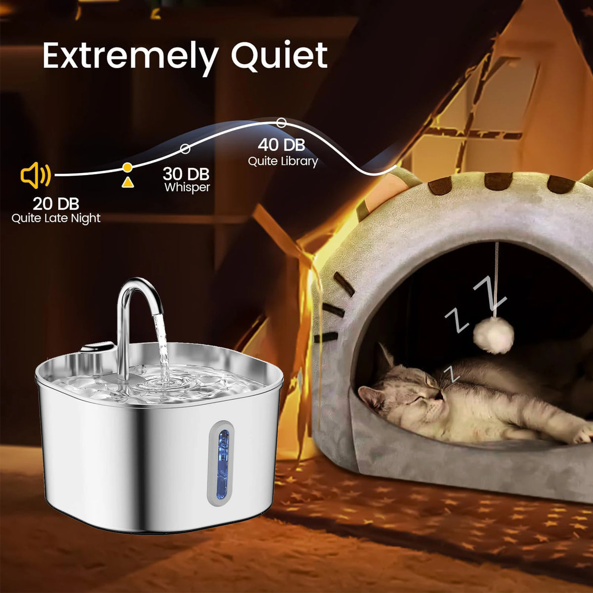 Stainless Steel Pet Water Fountain 2.2L (74.4 fl oz) Ultra-Quiet Pump with Filter, Water-Level Window & LED Light
