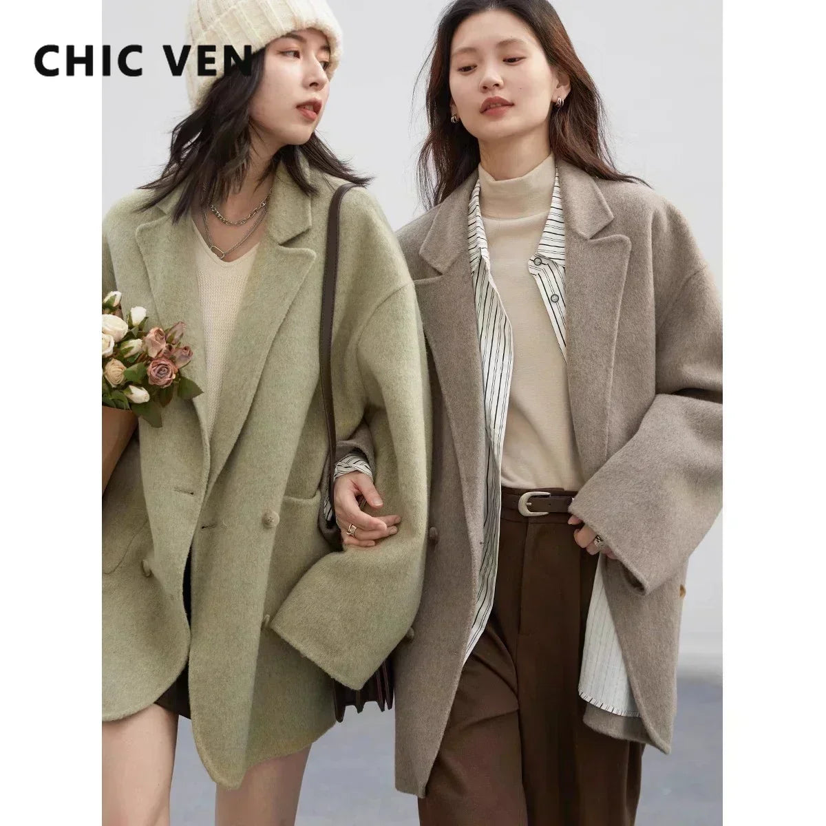 Women's Wool Blend Double-Sided Coat Loose Retro Double-Breasted Office Outerwear for Autumn Winter