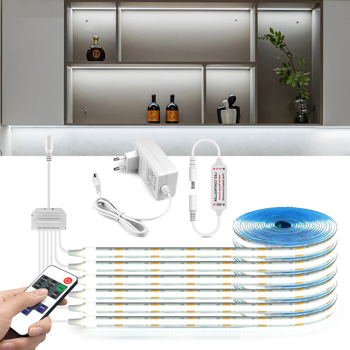 Dimmable COB LED Strip Light 12V DC (EU Plug) with RF Remote, Under-Cabinet & Cabinet Lighting