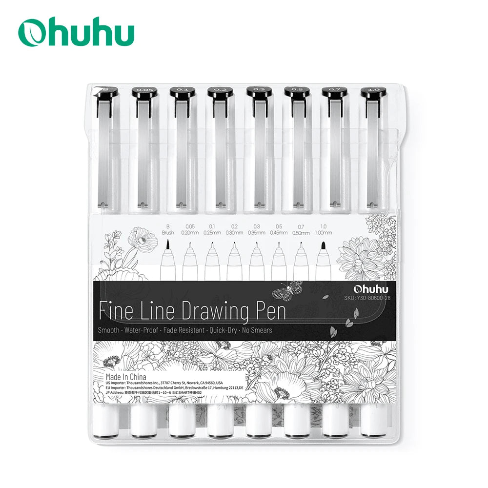 Micro Fineliner Pen Set 8-Pack, Ultra-Fine to Brush Tips, Waterproof Black Ink for Drawing, Sketching, Journaling and Manga