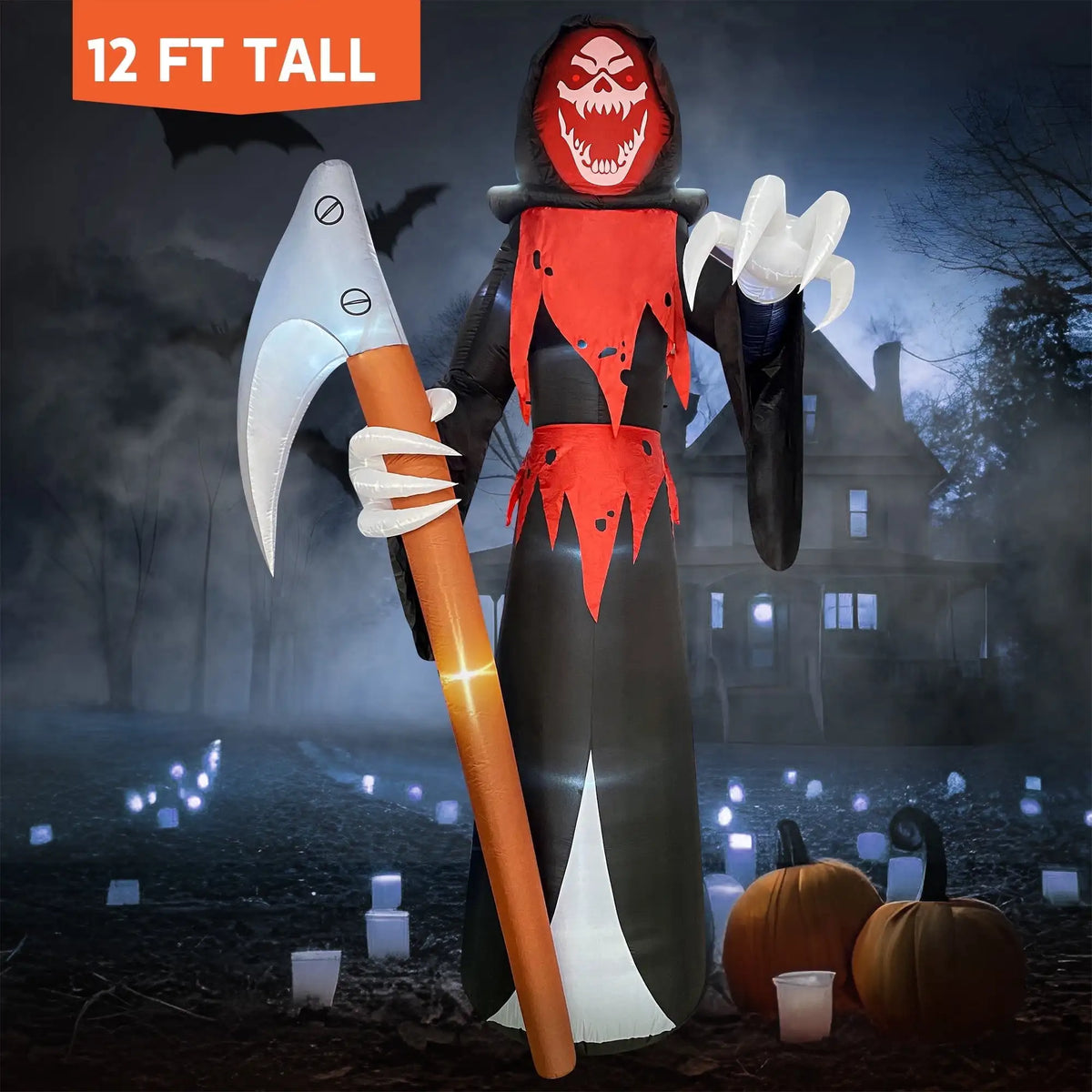 12 ft (3.66 m) Giant Grim Reaper Inflatable with Built-In LEDs and Scythe for Halloween Yard Outdoor Decoration