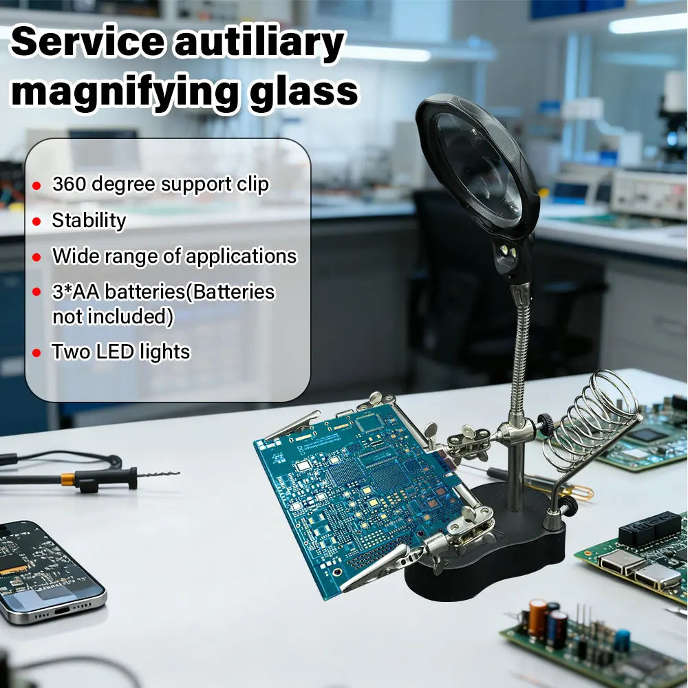 LED Clip Helping Hand Magnifier 3.5x/12x for Soldering, PCB Repair & Soldering Iron Stand