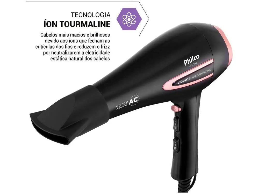 Tourmaline Ion Hair Dryer 2100W, AC Motor, 2 Speeds and 3 Heat Settings, Cool Shot, Black, 220V