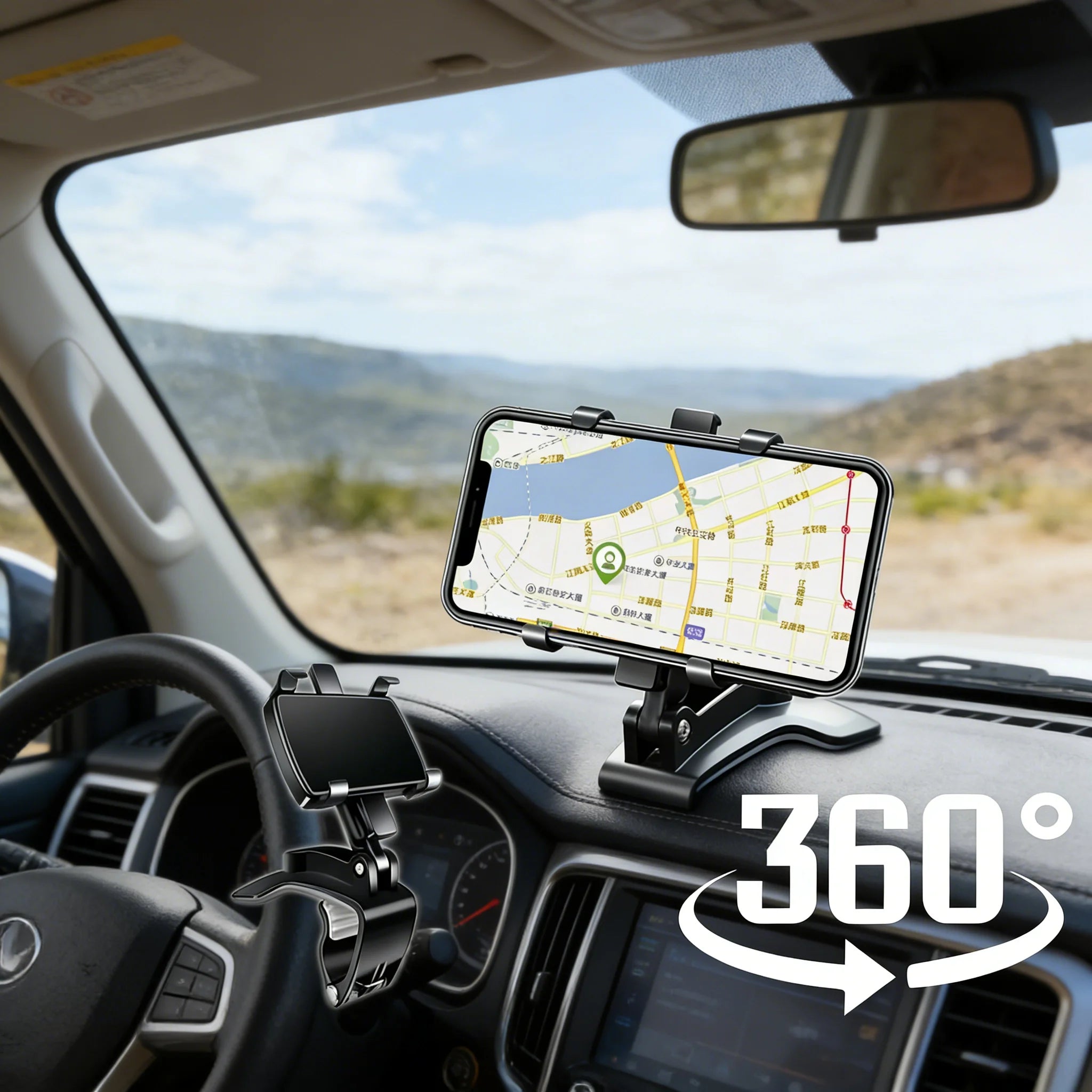 360° Rotating Universal Car Phone Mount – Dashboard & Rearview Clip Holder for 3–7 inch (7.6–17.8 cm) Smartphones