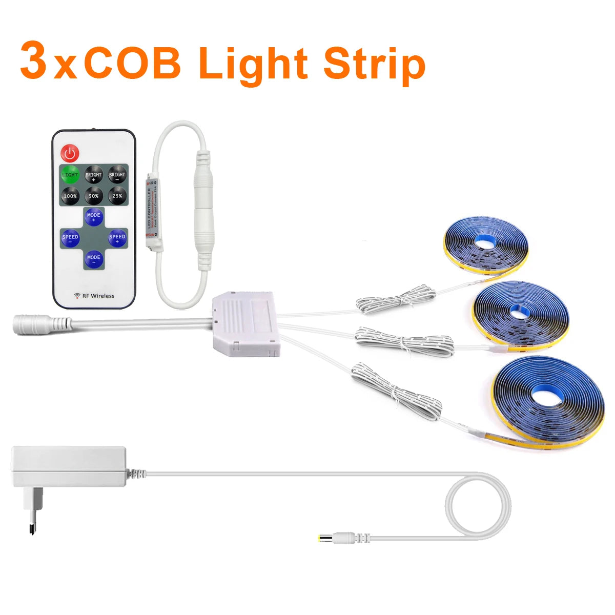 Dimmable COB LED Strip Light 12V DC (EU Plug) with RF Remote, Under-Cabinet & Cabinet Lighting