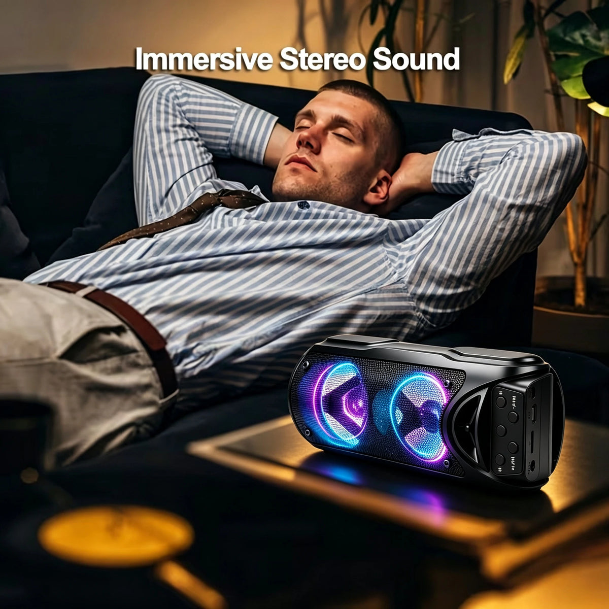 Portable Bluetooth Speaker with Multi-Color LED Lights, TF Card, USB-C & FM Radio — Party & Outdoor Speaker