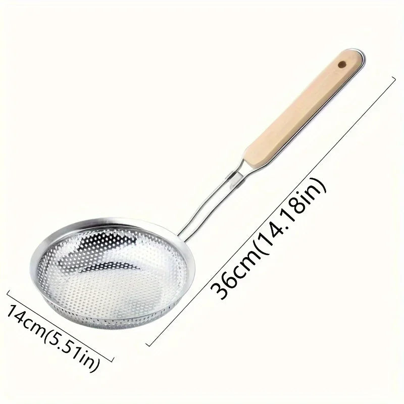 FanzyMarket stainless steel colander strainer with wooden handle, perfect for pasta, grease filtering, and food prep in the kitchen.