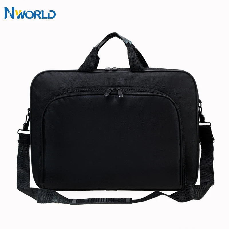 FanzyMarket nylon laptop briefcase in black, 15.6-inch and 17-inch sizes, with handles and adjustable shoulder strap.