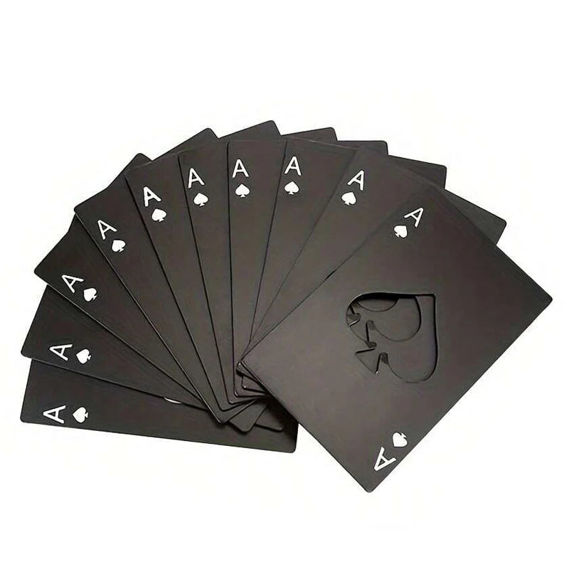 Stainless steel playing card bottle opener with spade design, slim credit card style for beer and wine opening, by FanzyMarket.