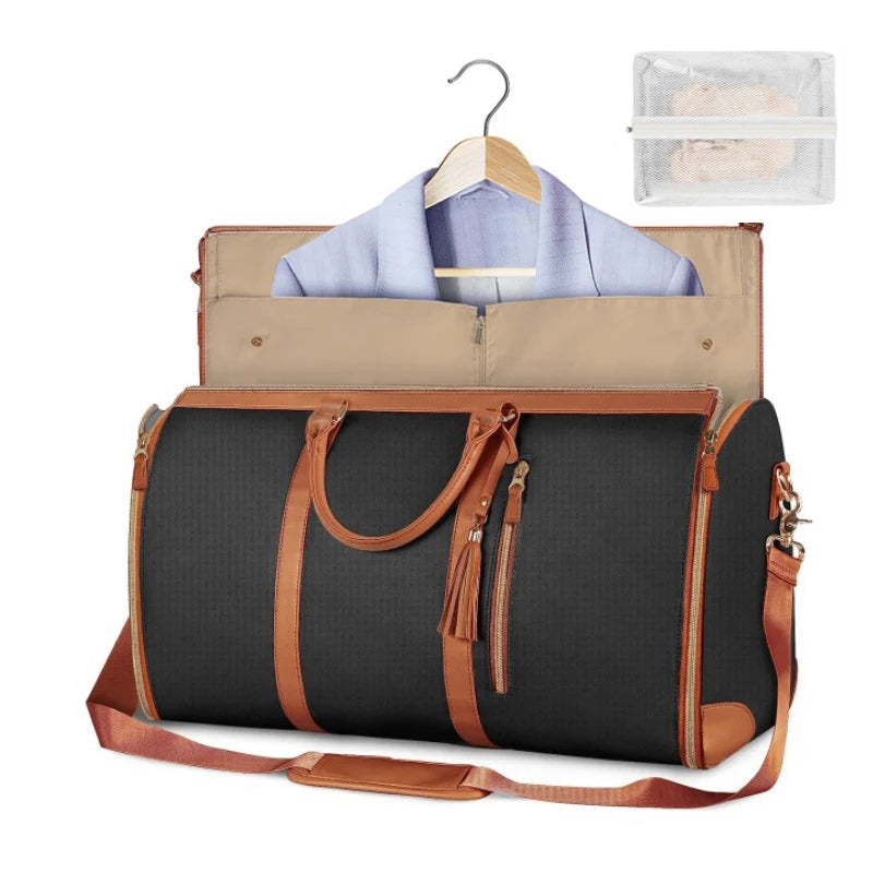 Beige foldable PU leather carry-on duffel bag by FanzyMarket, large travel and business weekender bag with spacious interior.