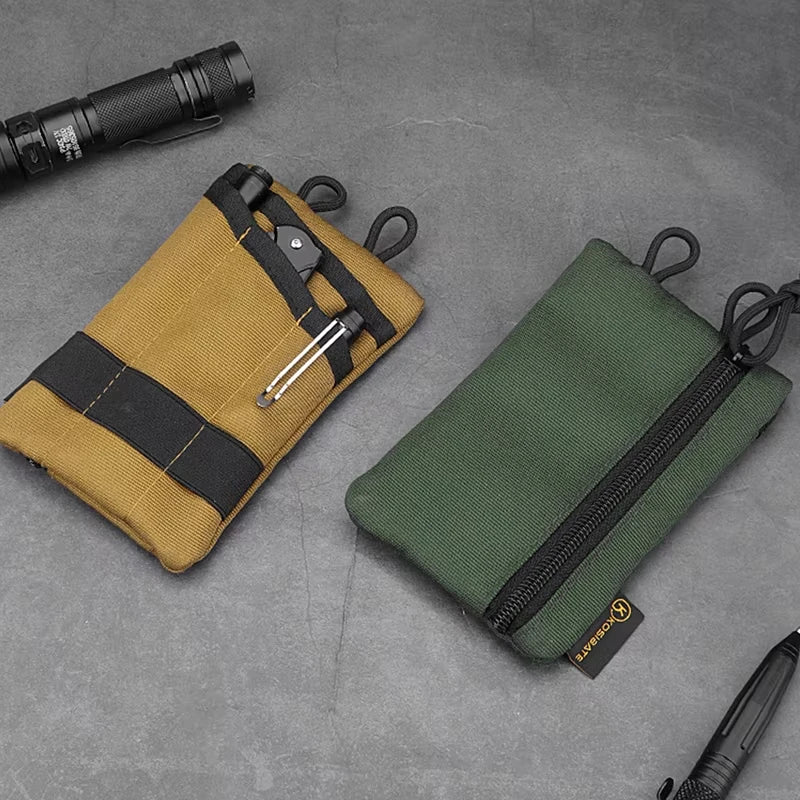 FanzyMarket mini tactical EDC waist pouch in canvas, featuring card, key, and coin organizer, measuring 5.7 x 3.7 inches.