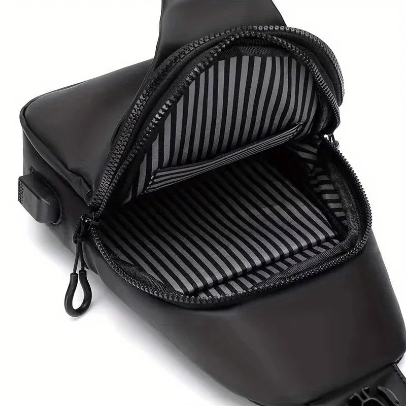 FanzyMarket men's waterproof large-capacity crossbody sling bag in black, lightweight single shoulder travel accessory with multiple compartments.